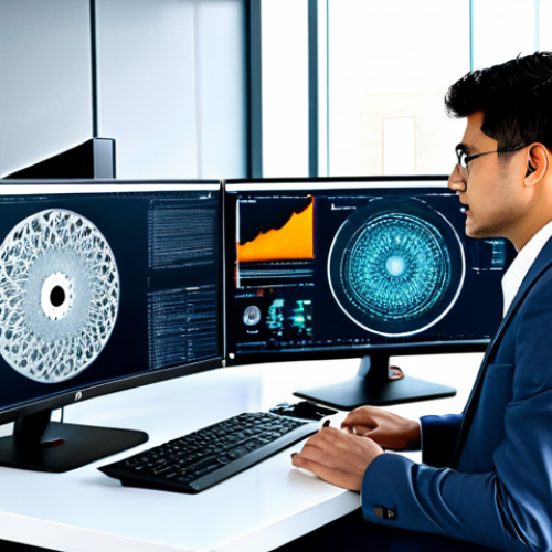 Home 18 A highly experienced professional mechanical design engineer, fully clothed in a modest business suit, working diligently at a modern ergonomic workstation in a bright, high-tech engineering office. A large monitor displays a complex 3D model generated by AI, showcasing principles of generative design and advanced FEA analysis, reflecting a deep understanding of Industry
