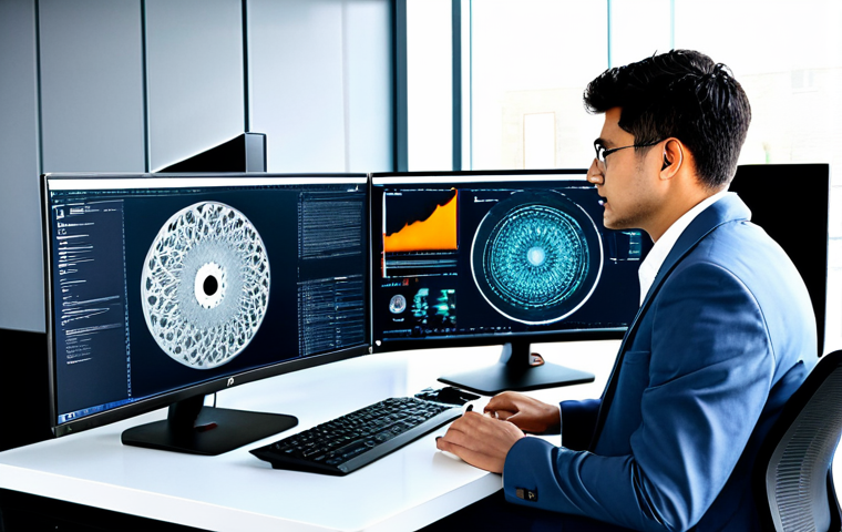 A highly experienced professional mechanical design engineer, fully clothed in a modest business suit, working diligently at a modern ergonomic workstation in a bright, high-tech engineering office. A large monitor displays a complex 3D model generated by AI, showcasing principles of generative design and advanced FEA analysis, reflecting a deep understanding of Industry