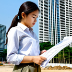**

A professional female architect, fully clothed in a modest business casual outfit (khaki pants, button-down shirt), reviewing blueprints on a construction site in Bangkok. The background features modern high-rise buildings under a clear, sunny sky. Focus on perfect anatomy, correct proportions, and well-formed hands. Capture the scene with professional photography techniques, ensuring high quality and appropriate content that is safe for work.

**