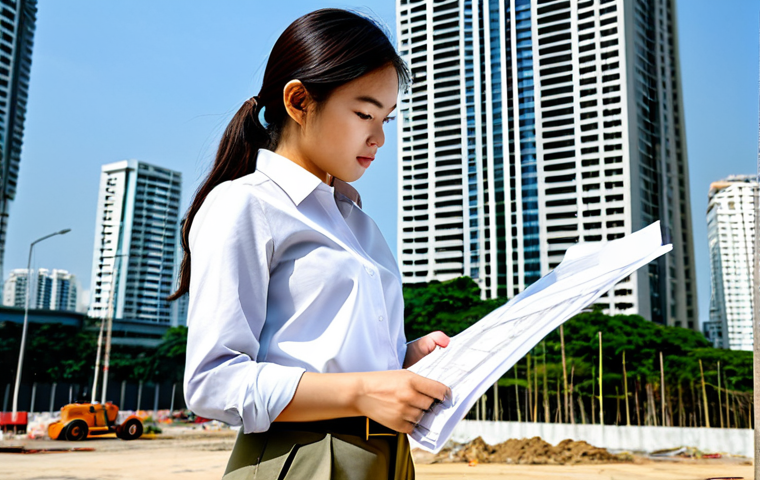 **
A professional female architect, fully clothed in a modest business casual outfit (khaki pants, button-down shirt), reviewing blueprints on a construction site in Bangkok. The background features modern high-rise buildings under a clear, sunny sky. Focus on perfect anatomy, correct proportions, and well-formed hands. Capture the scene with professional photography techniques, ensuring high quality and appropriate content that is safe for work.
**