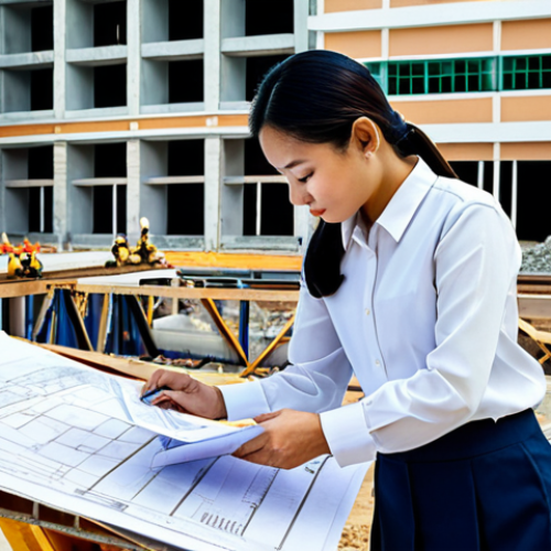 Home 6 기계설계 인턴십으로 경력 쌓기 - Modern Thai Architect**
A professional Thai female architect in a stylish, modest business outfit (...